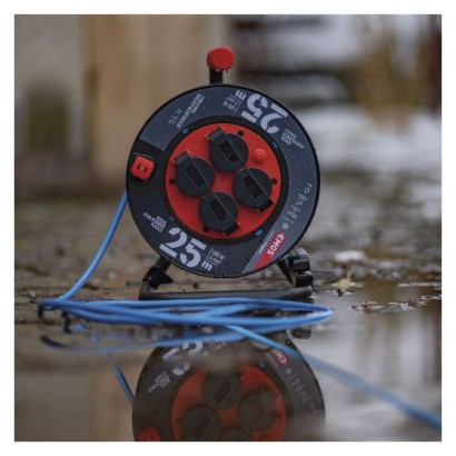 Wetterfeste Kabeltrommel 25 m / 4 Steckdosen / blau / PVC / 230 V / 1,5 mm2