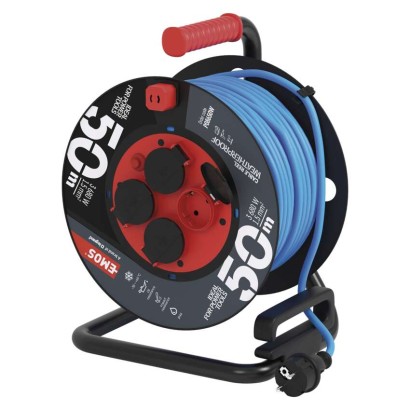 Wetterfeste Kabeltrommel 50 m / 4 Steckdosen / blau / PVC / 230 V / 1,5 mm2