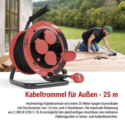 Gummi-Kabeltrommel – 4 Steckdosen, 25m, 1,0mm2 