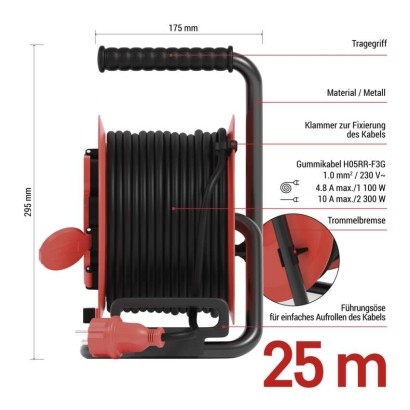 Gummi-Kabeltrommel – 4 Steckdosen, 25m, 1,0mm2 