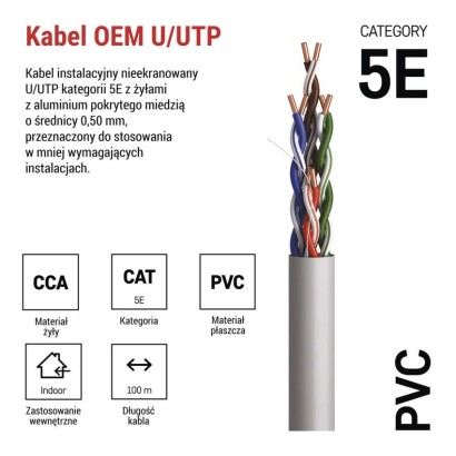 Kabel UTP Cat5e PVC CCA, 100m