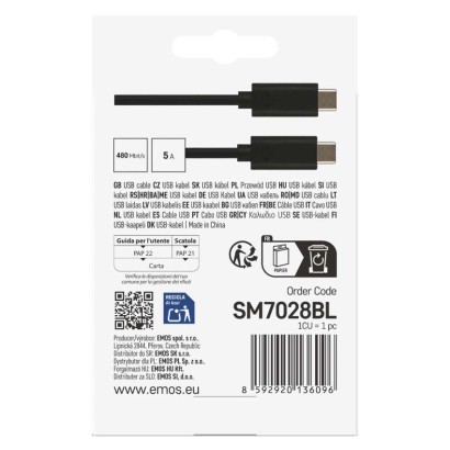 Įkrovimo ir duomenų perdavimo kabelis 2.0 USB-C / USB-C, 1 m, juodas