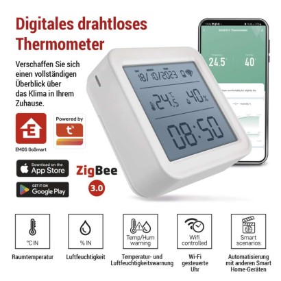 GoSmart Digitales Thermometer mit Hygrometer, Funk-Sensor, Datum, ZigBee EGS0101