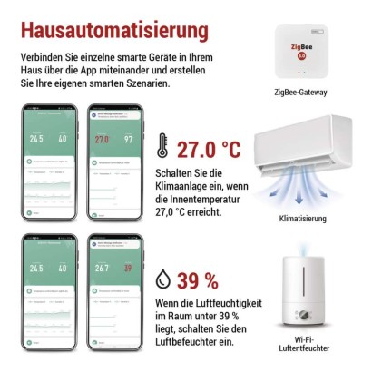 GoSmart Digitales Thermometer mit Hygrometer, Funk-Sensor, Datum, ZigBee EGS0101