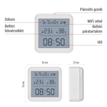 GoSmart digitális vezeték nélküli hőmérő, páratartalom-mérővel, dátum, ZigBee EGS0101