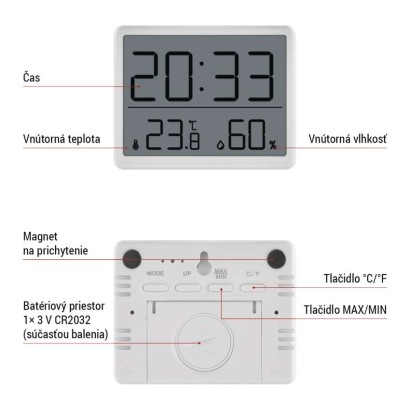 Digitálny teplomer s vlhkomerom, bezdrôtový snímač, budík, dátum E6210