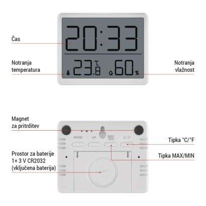 Digitalni termometer s hidrometrom, brezžični senzor, budilka, datum E6210