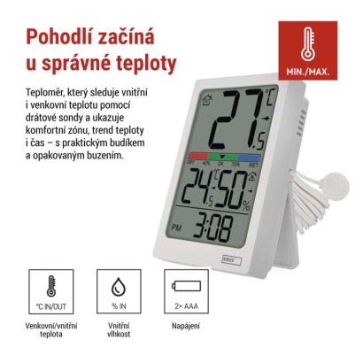 Digitální teploměr s vlhkoměrem, drátové čidlo, budík E0558P