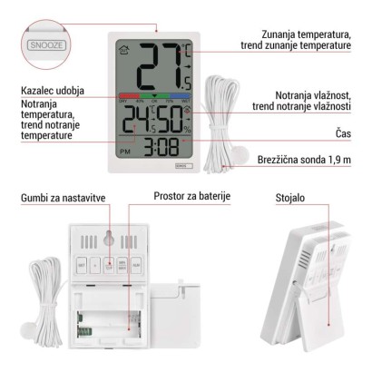 Digitalni termometer s hidrometrom, žični senzor, budilka E0558P