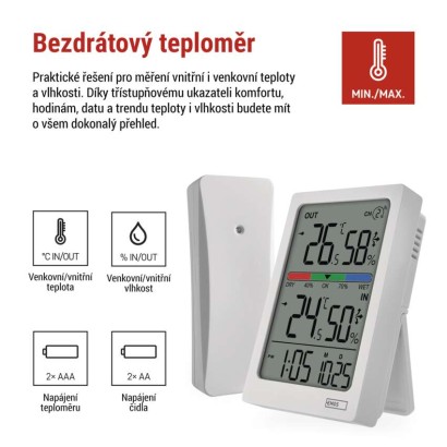 Digitální teploměr s vlhkoměrem, bezdrátové čidlo, budík, datum E0558W