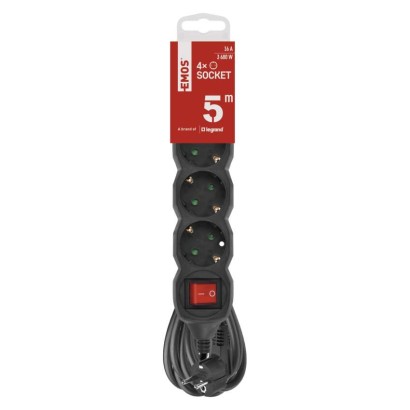 Steckdosenleiste 5 m / 4 Steckdosen / Schalter / schwarz / PVC / 1,5 mm2