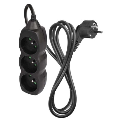 Przedłużacz 1,5 m / 3 gniazda / czarny / PVC / 1 mm2