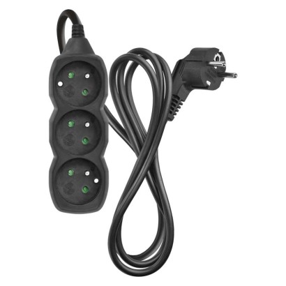 Przedłużacz 1,5 m / 3 gniazda / czarny / PVC / 1 mm2