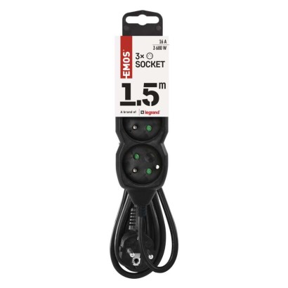 Przedłużacz 1,5 m / 3 gniazda / czarny / PVC / 1 mm2
