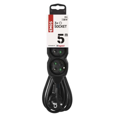 Prodlužovací kabel 5 m / 3 zásuvky / černý / PVC / 1 mm2