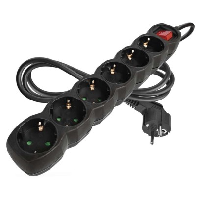 Ilgintuvas 1,5 m / 6 lizdai / su jungikliu / juodas / PVC / 1,5 mm2 