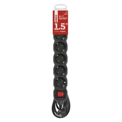 Ilgintuvas 1,5 m / 6 lizdai / su jungikliu / juodas / PVC / 1,5 mm2 