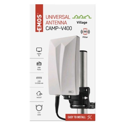 Antena univerzalna VILLAGE CAMP–V400, DVB-T2, FM, DAB, filtr LTE/4G/5G