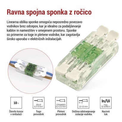 Linijska spojna klema z ročicami 4× 0,2–4 mm2, 10 kos