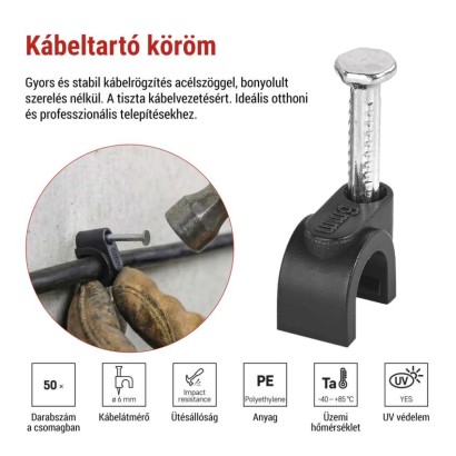 Kör alakú kábelbilincs 6 mm, fekete, 50 szt