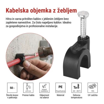 Kabelska objemka 8 mm, črna, 50 kos