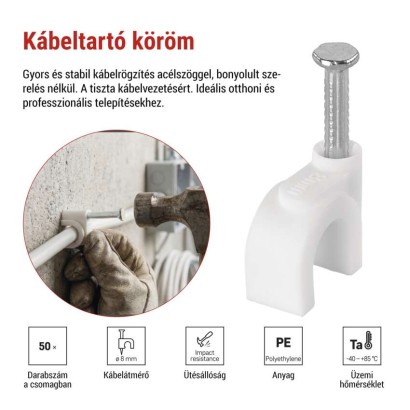 Kör alakú kábelbilincs 8 mm, fehér, 50 szt