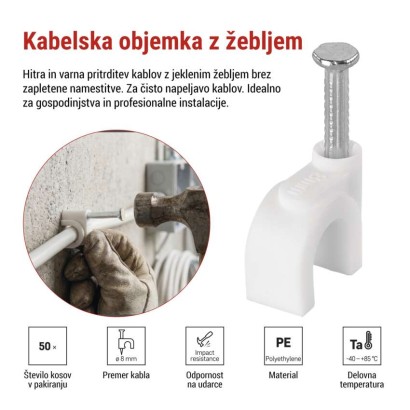 Kabelska objemka 8 mm, bela, 50 kos