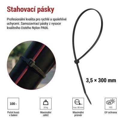 Stahovací páska 300×3,5 mm, černá, 100 ks