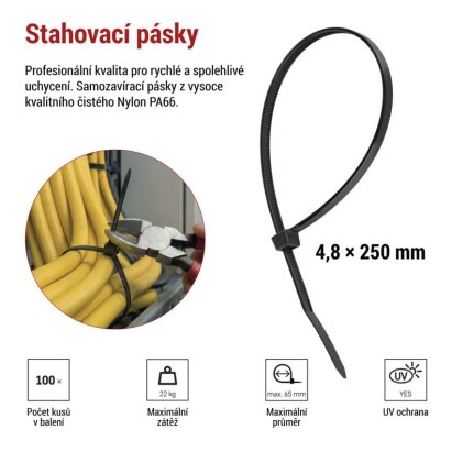 Stahovací páska 250×4,8 mm, černá, 100 ks