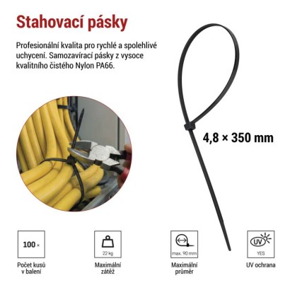Stahovací páska 350×4,8 mm, černá, 100 ks