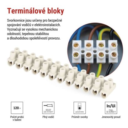 Šroubová svorkovnice 12× 2,5–4mm2, 450 V, bílá, 10 ks