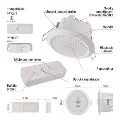 Domovní drátový/bezdrátový zvonek P57103, vestavný
