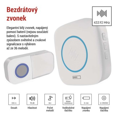 Domovní bezdrátový zvonek P5736 na 3× AA