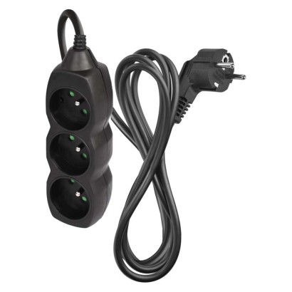 Przedłużacz 2 m / 3 gniazda / czarny / PVC / 1 mm2