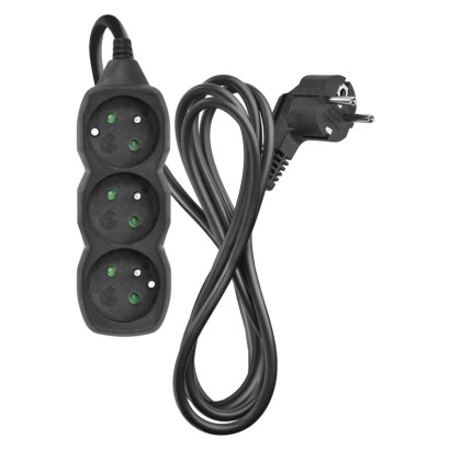 Przedłużacz 2 m / 3 gniazda / czarny / PVC / 1 mm2