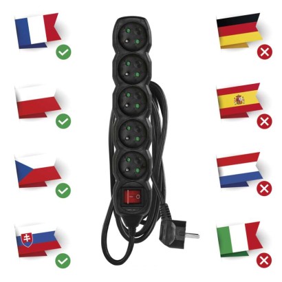 Prodlužovací kabel 3 m / 5 zásuvek / s vypínačem / černý / PVC / 1,5 mm2