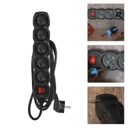 Prodlužovací kabel 3 m / 5 zásuvek / s vypínačem / černý / PVC / 1,5 mm2