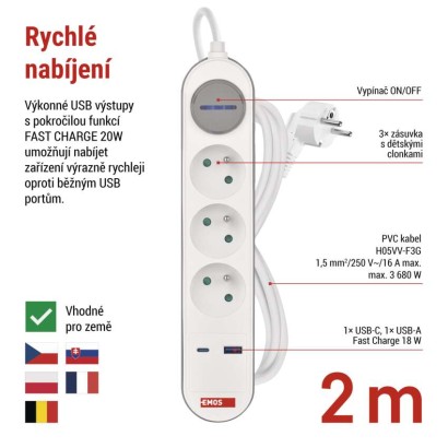 Prodlužovací kabel 2 m / 3 zásuvky / s vypínačem / bílo-šedý / 1×USB-A + 1×USB-C / 1,5 mm2