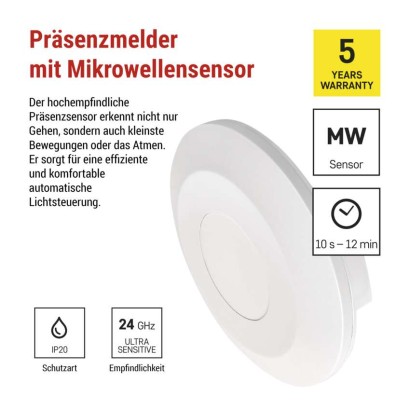 Mikrowellen-Präsenzmelder IP20 24GHZ 2000W weiss
