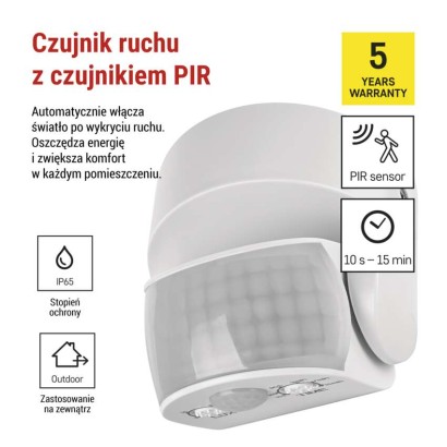 Czujnik ruchu PIR IP65 1200W, biały