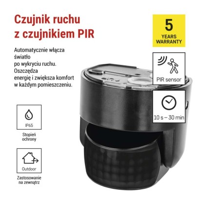 Czujnik ruchu PIR IP65 1200W, czarny
