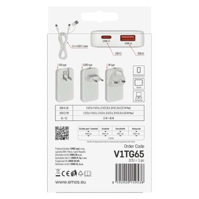 USB hálózati adapter GaN PD 65W, AC + kábel