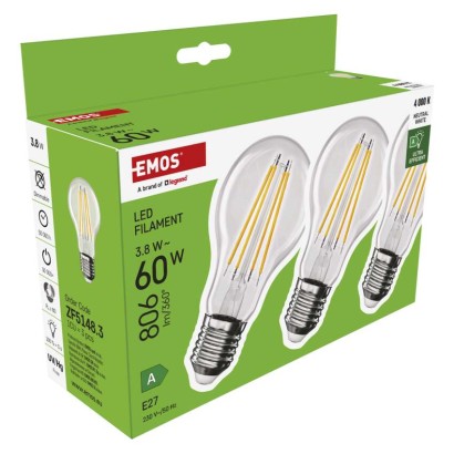 LED žárovka Filament A60 A CLASS/ E27 / 3,8 W (60 W) / 806 lm / neutrální bílá