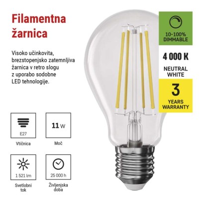 LED žarnica Filament A60 / E27 / 11W (100W) / 1521 lm / nevtralno bela / zatemnilna