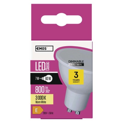 Żarówka LED Classic MR16 / GU10 / 7 W (60 W) / 800 lm / ciepła biel / ściemnialna 