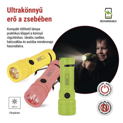Újratölthető LED-es zseblámpa, 200 lm, 12 db, display box