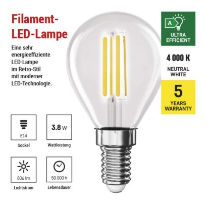 LED Lampe Filament Mini Globe A CLASS / E14 / 3,8 W (60 W) / 806 lm / Neutral Weiß