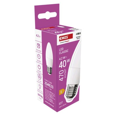 LED žárovka Classic svíčka / E27 / 4,2 W (40 W) / 470 lm / neutrální bílá