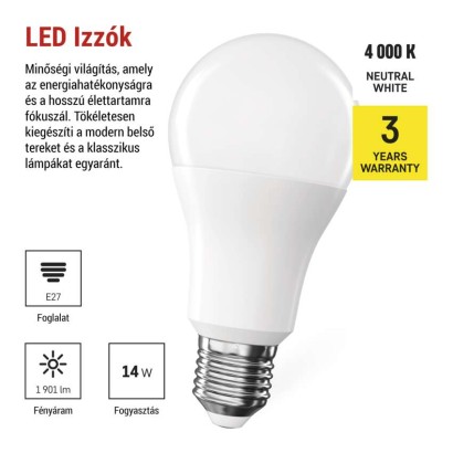 LED izzó Classic A60 / E27 / 14 W (120 W) / 1901 lm / Természetes fehér
