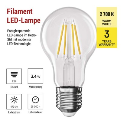 LED Lampe Filament A60 / E27 / 3,4 W (40 W) / 470 lm / Warmweiß